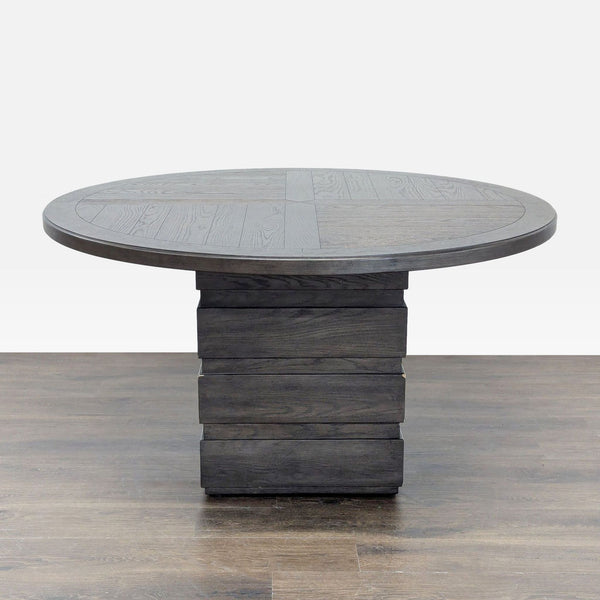 Solid wood dining table with oak veneer, warm tobacco finish, and a stacked block pedestal base by Home Meridian.