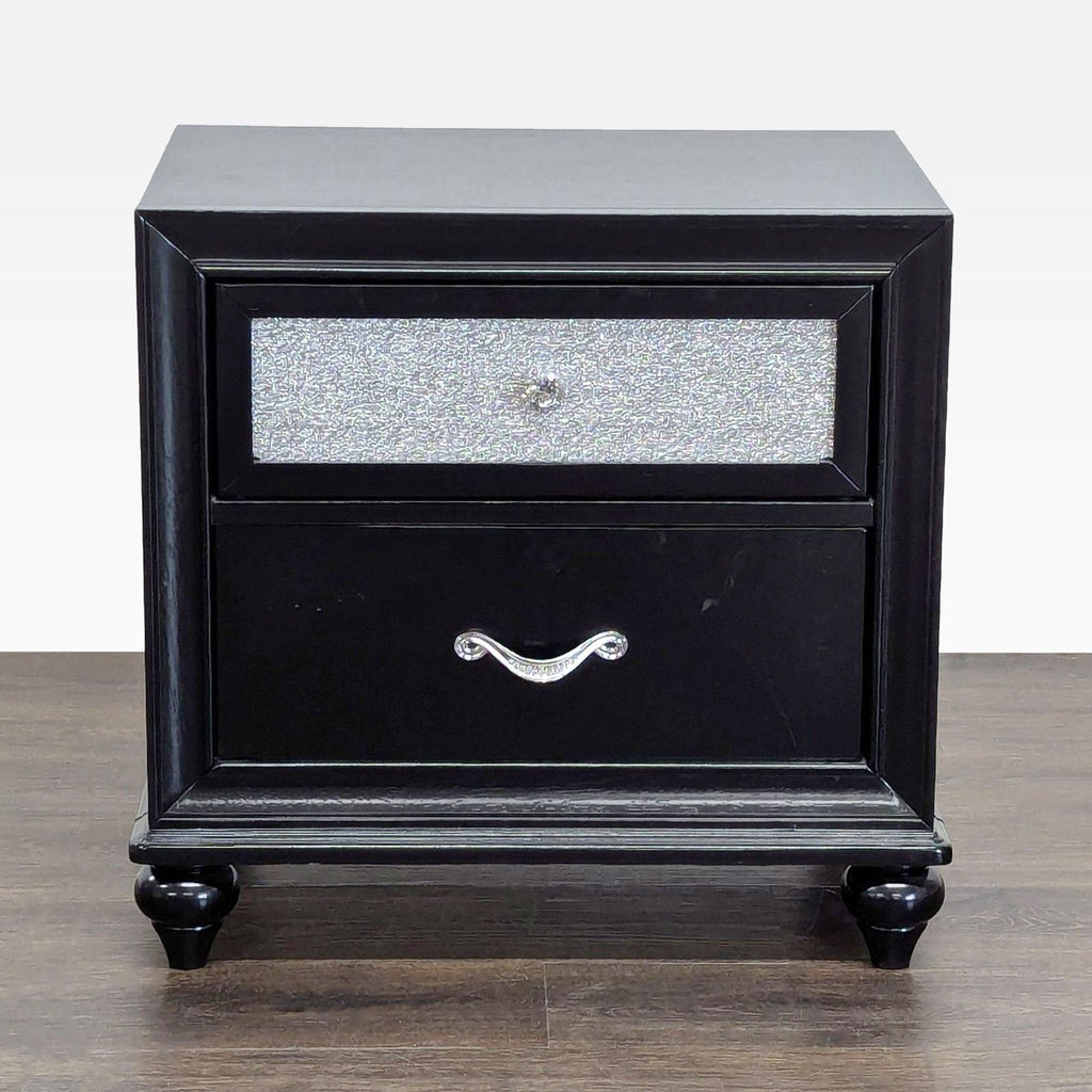 Coaster End Table with metallic acrylic drawer front and facetted crystal hardware.  