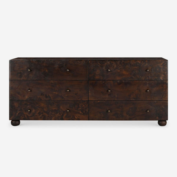Sleek Lulu and Georgia dark wood dresser with six spacious drawers and minimalist knobs for modern storage.