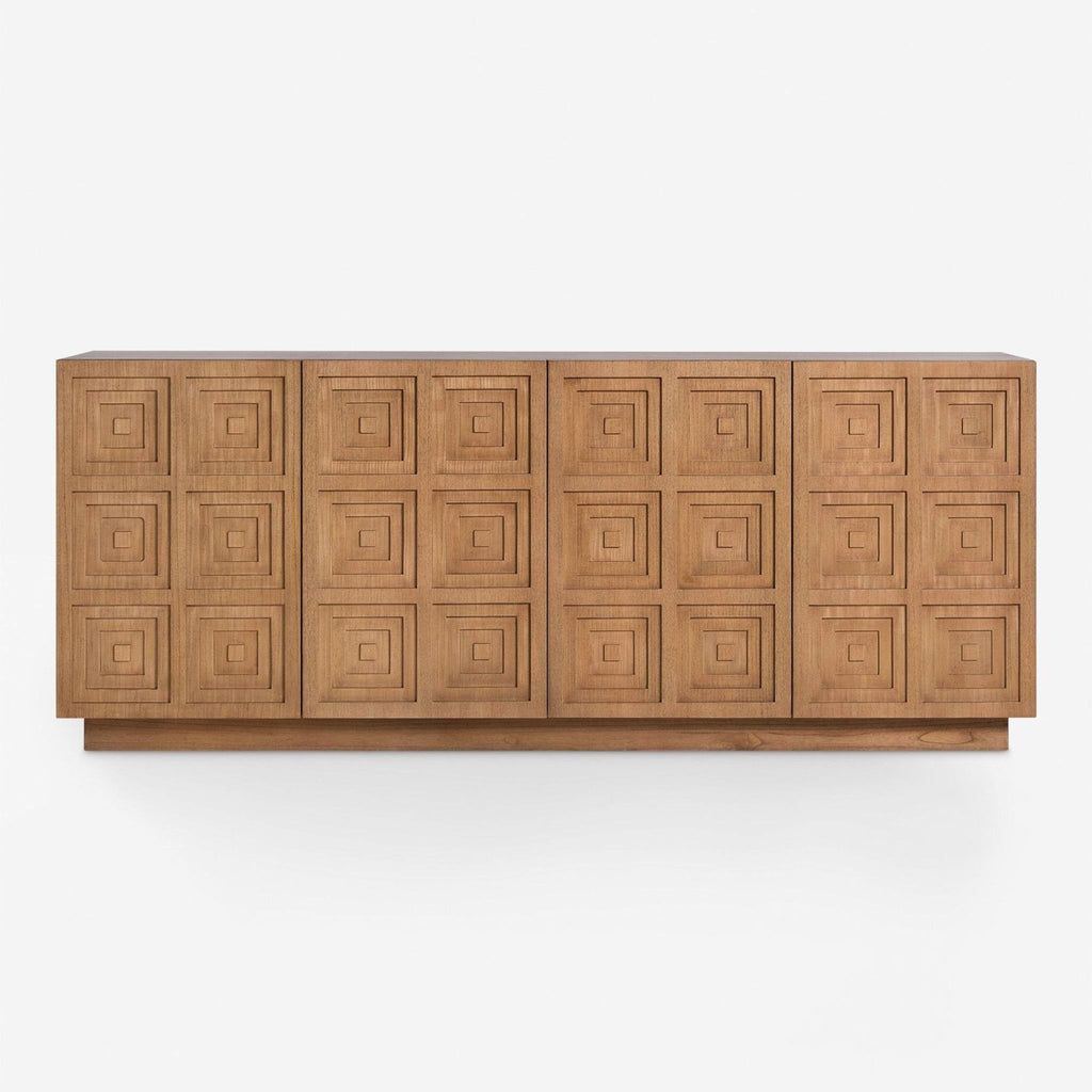 Four-door sideboard by Lulu and Georgia with 3D grid-patterned doors and interior shelving.
