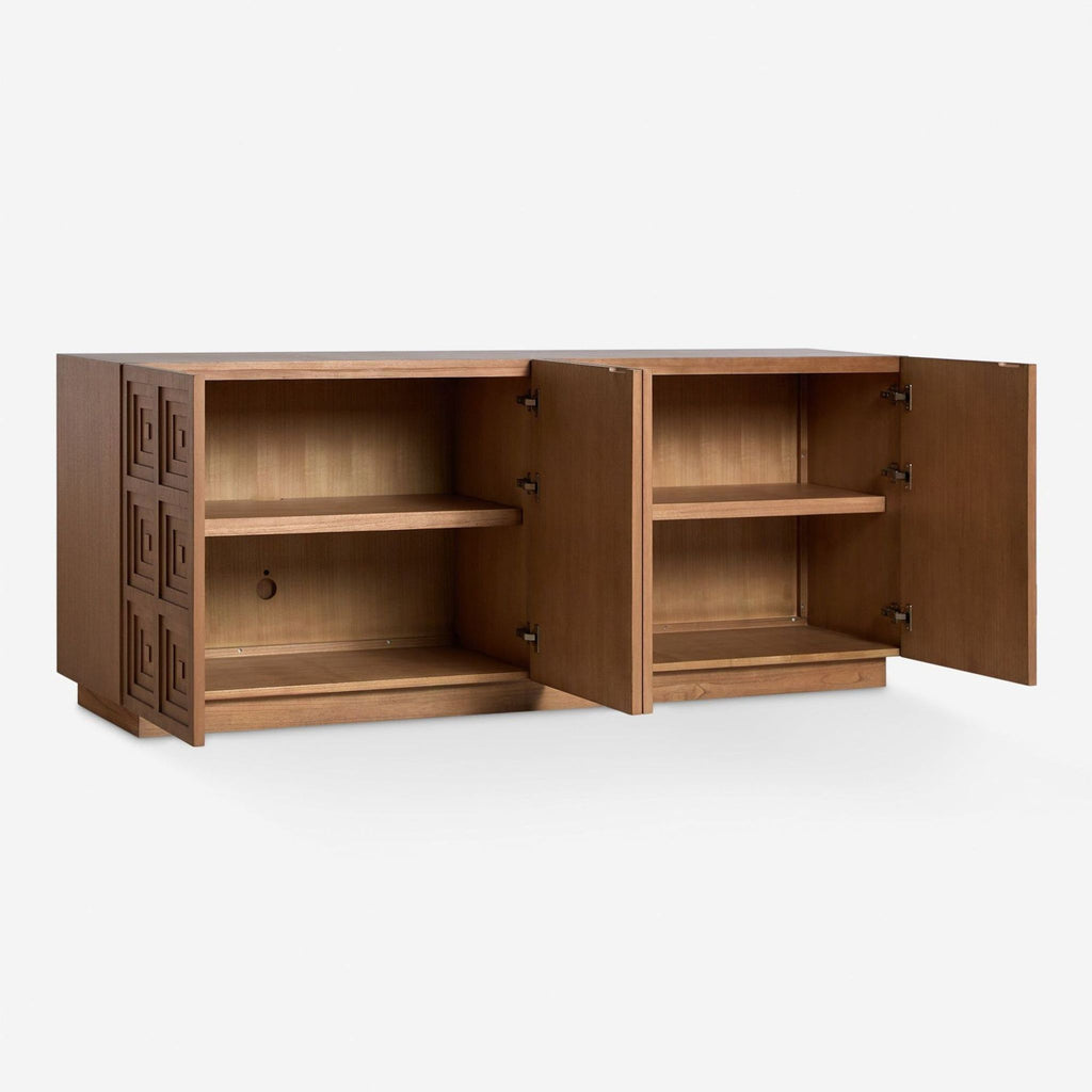 Lulu and Georgia credenza featuring four doors, textured grid design, and spacious shelving inside.