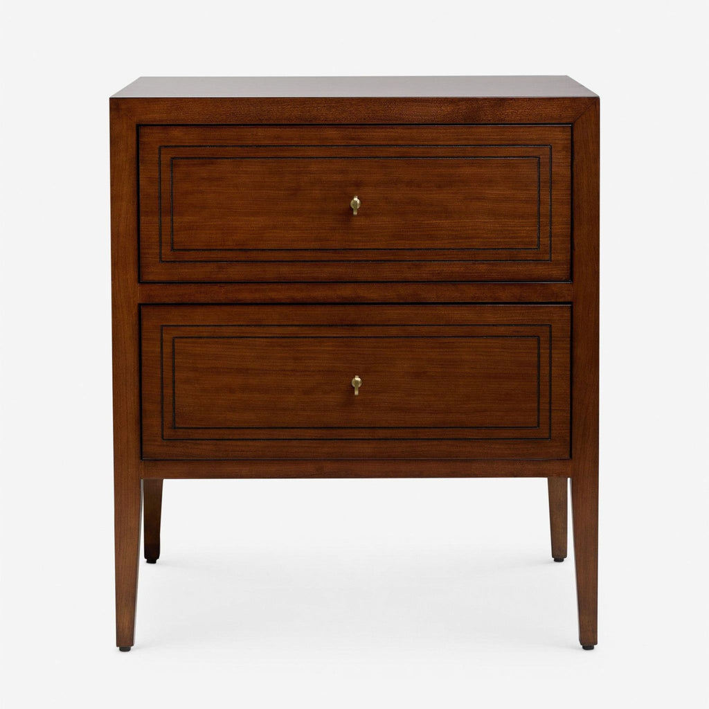 Oak nightstand with two drawers, cherry finish, brass handles, by Lulu and Georgia, designed by Heidi Caillier.  