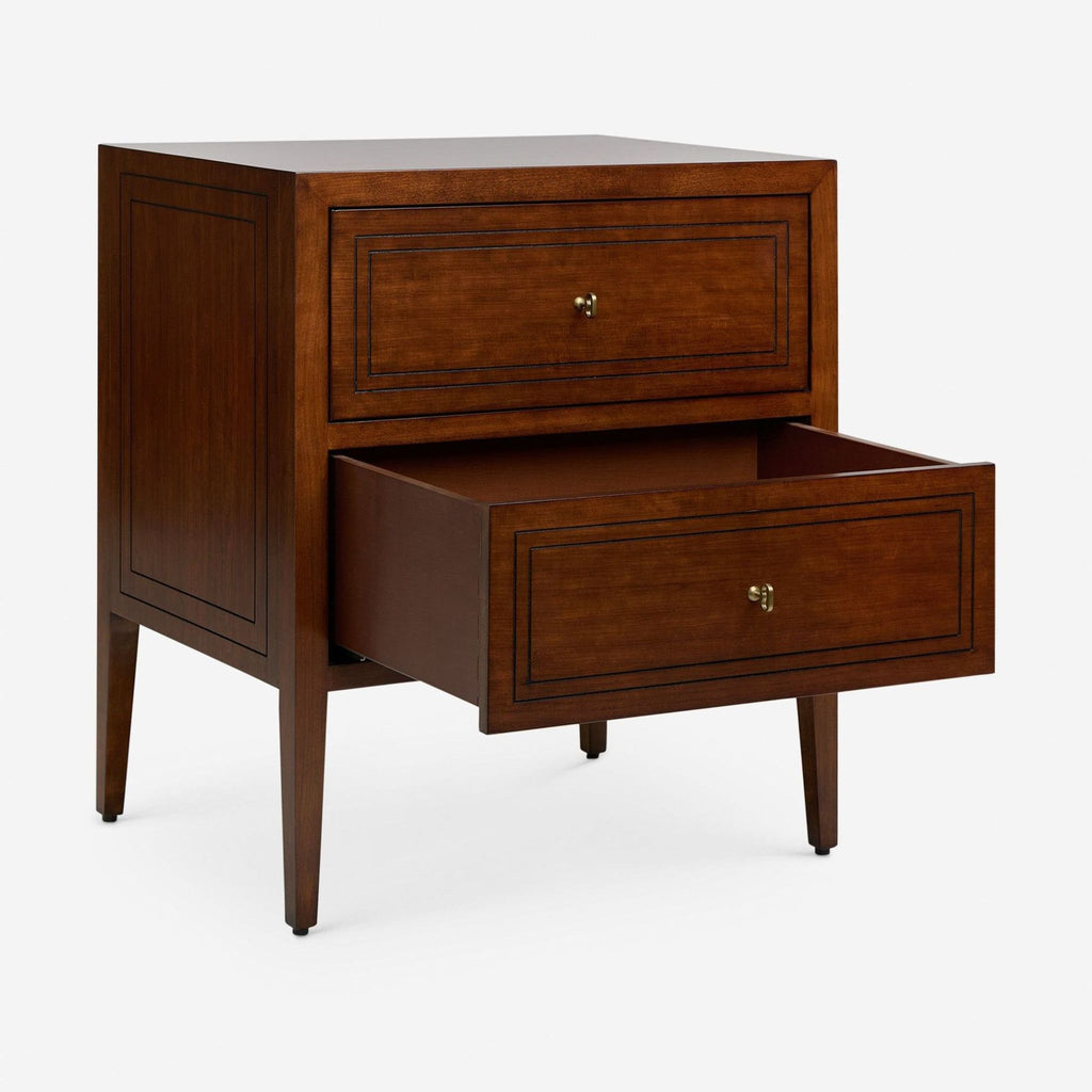 Cherry-finished oak end table featuring two brass-handled drawers, from Lulu and Georgia, by Heidi Caillier.  