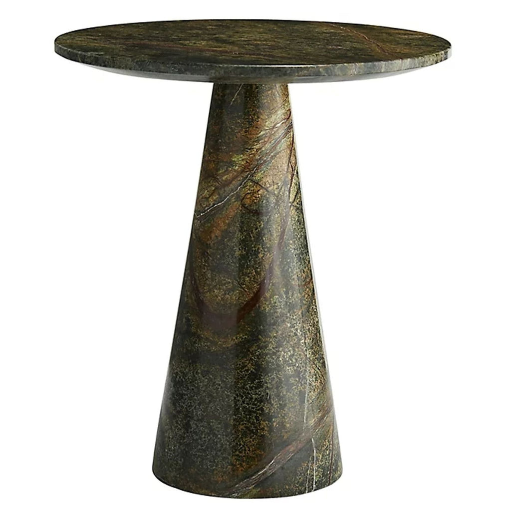 1. Arteriors Home round side table in jungle marble with green hues and rust-colored veining across the surface.