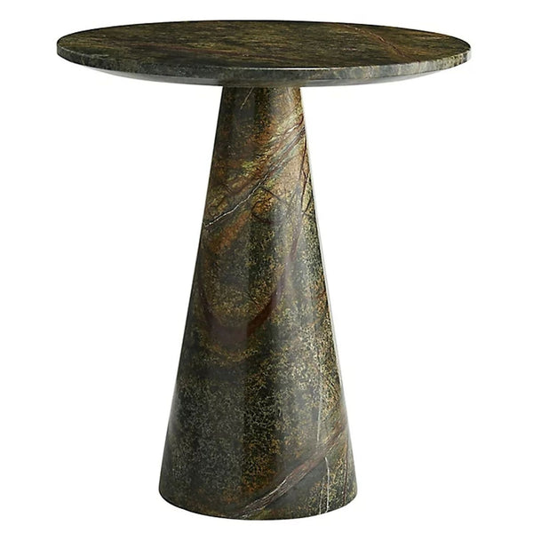 1. Arteriors Home round side table in jungle marble with green hues and rust-colored veining across the surface.