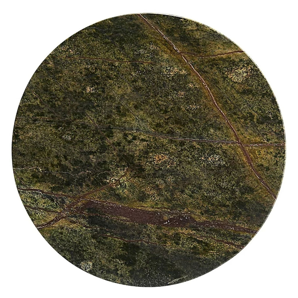 3. Overhead view of a circular jungle marble side table by Arteriors Home, showing natural green and rust veins.