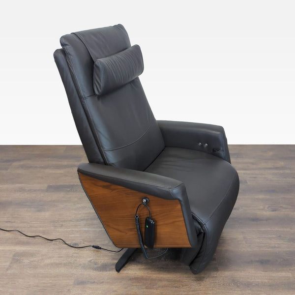 Modern lounge chair with zero gravity recline, oak wood accents, and leather upholstery on a steel swivel base.