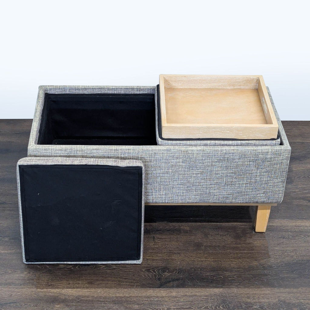 Ottoman featuring a wooden tray and dual removable cushions, suitable for living room or entryway use.  