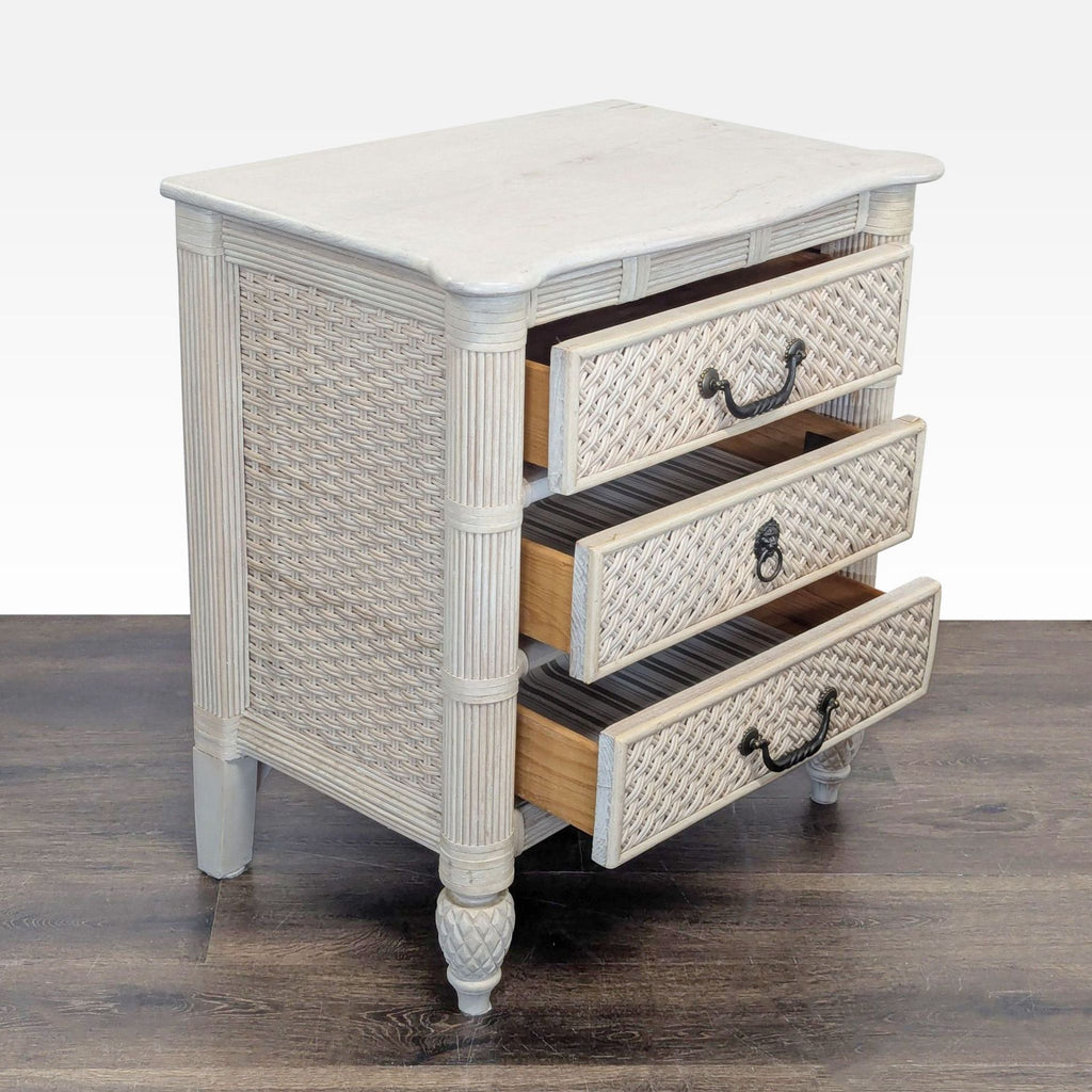 Painted chest functioning as an end table, crafted from wood and wicker by Lexington Furniture.  
