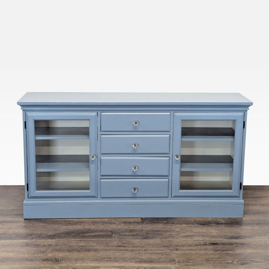 Pottery Barn sideboard with adjustable shelves, four drawers, and glass-front doors, repainted from original color.