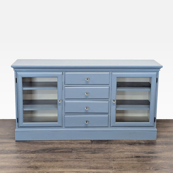 Pottery Barn sideboard with adjustable shelves, four drawers, and glass-front doors, repainted from original color.