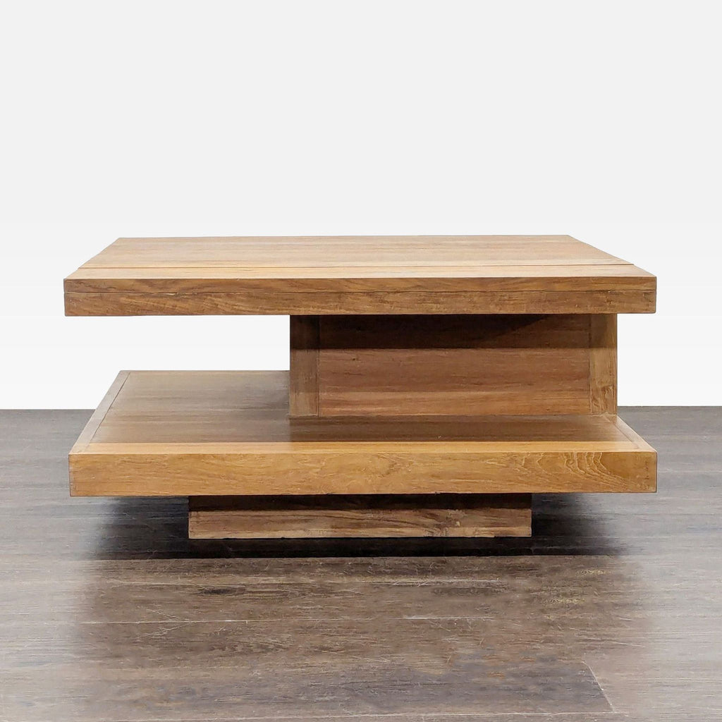 1. Modern rectangular wooden coffee table with tiered shelves and a minimalist design on a wood floor.