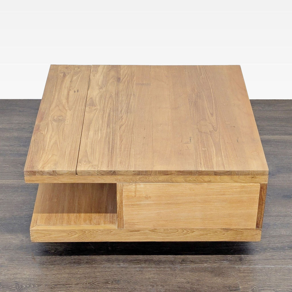 2. Coffee table in light wood with a thick top, open shelf, and clean geometric lines, viewed from above.