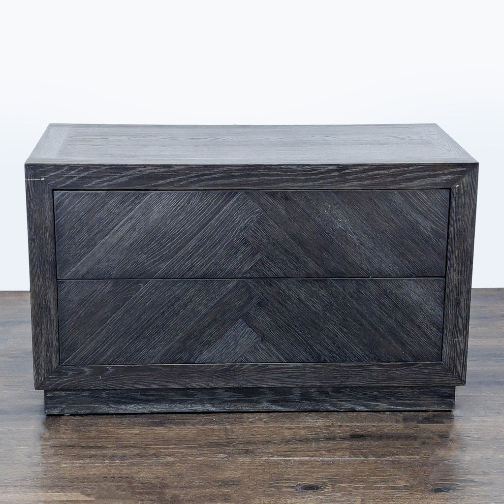 1. Dark wood Restoration Hardware end table with two front drawers, featuring a chevron pattern design.  