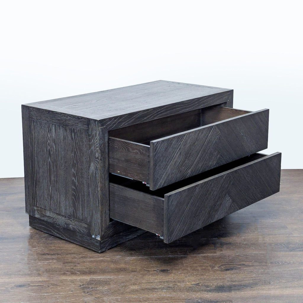 2. Restoration Hardware end table in dark wood, shown with both drawers open for storage visibility.  