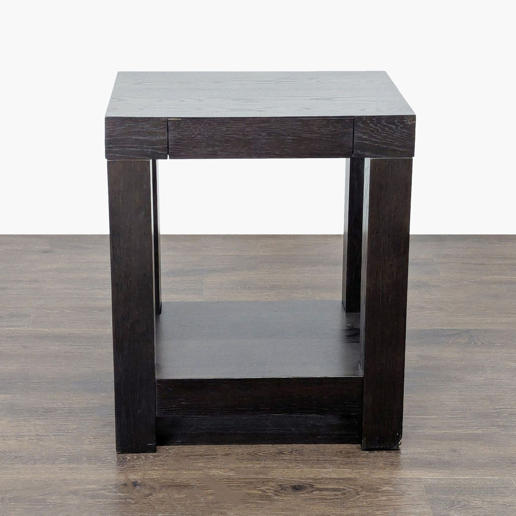 1. Dark wood side table with a square top, lower shelf, and sturdy legs, placed on a wooden floor.