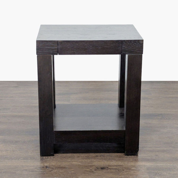 1. Dark wood side table with a square top, lower shelf, and sturdy legs, placed on a wooden floor.