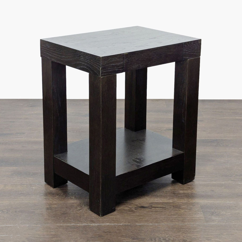 3. Angled view of a dark wooden side table with a lower shelf, suitable for living rooms or entryways.