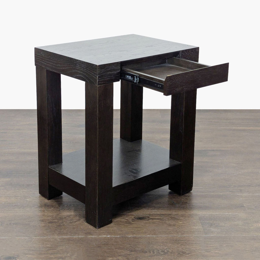 2. Modern dark wood console table featuring a single open drawer and a lower storage shelf.