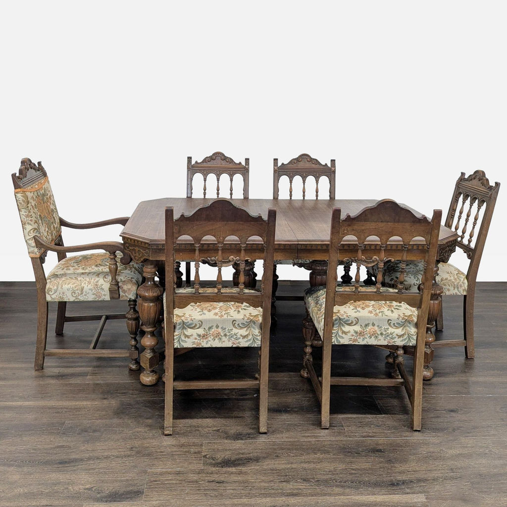 Antique Carved Wood Dining Set with 6 Upholstered Chairs and Rectangular Table