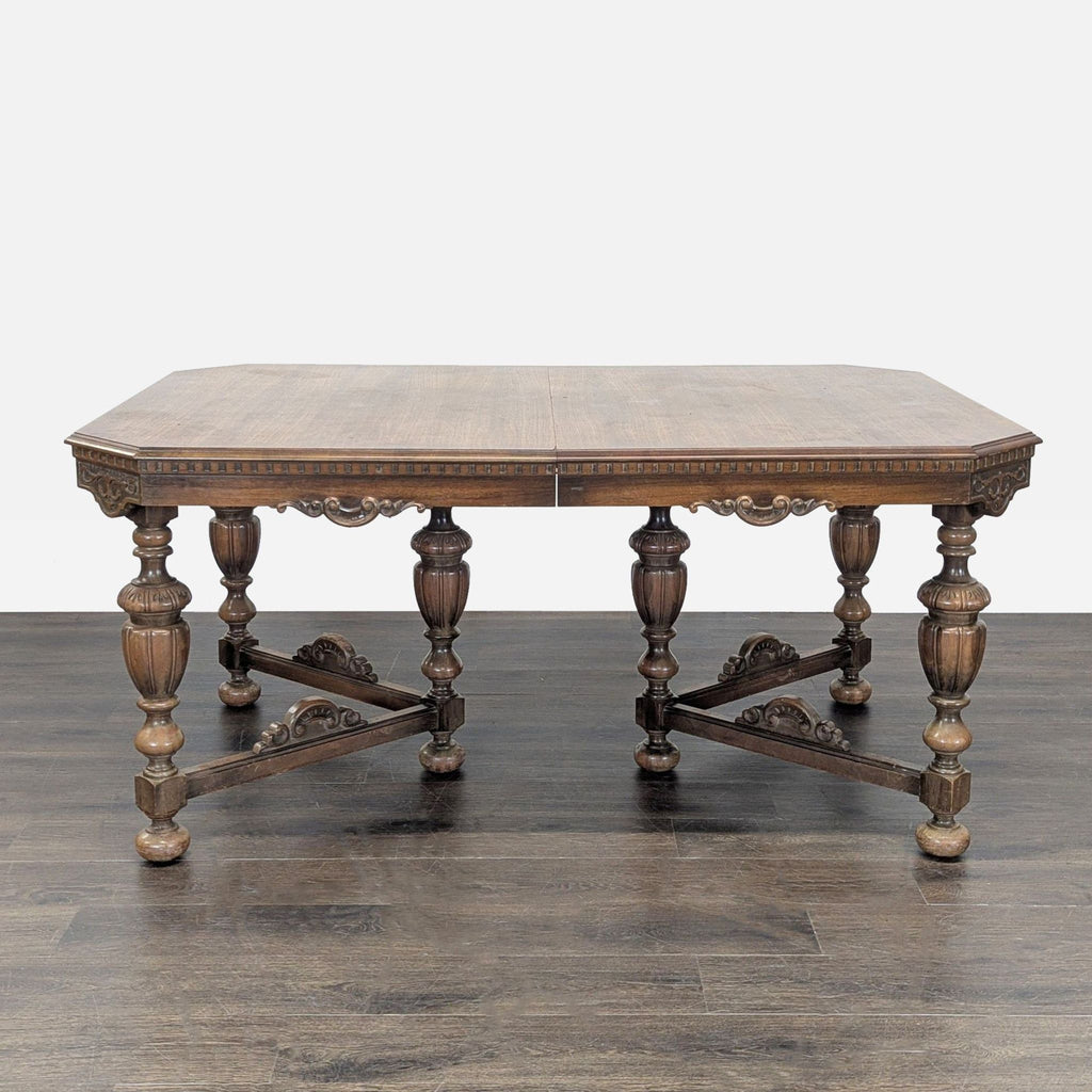 Antique Carved Wood Dining Set with 6 Upholstered Chairs and Rectangular Table