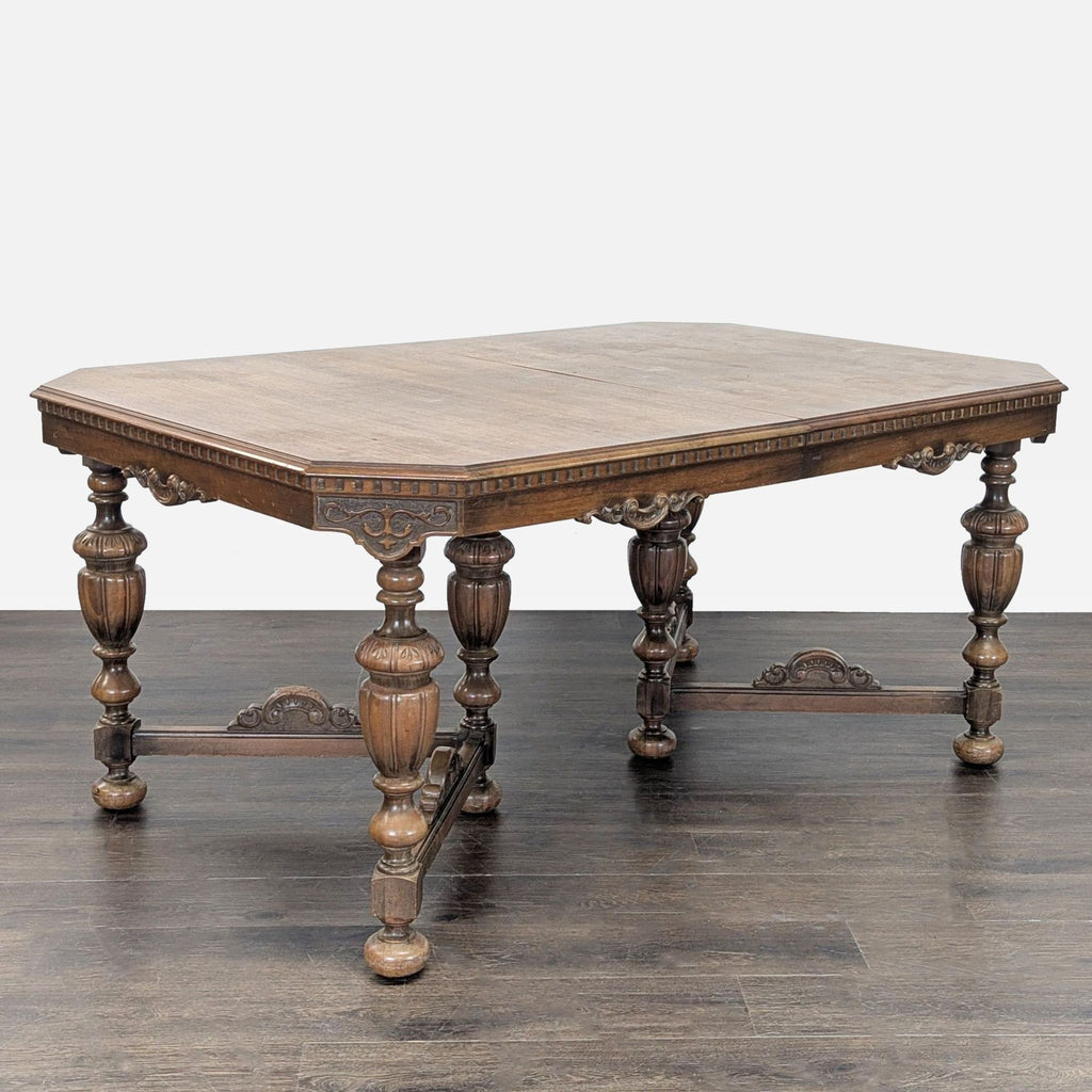Antique Carved Wood Dining Set with 6 Upholstered Chairs and Rectangular Table