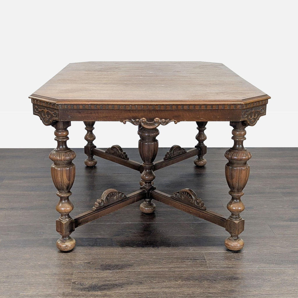 Antique Carved Wood Dining Set with 6 Upholstered Chairs and Rectangular Table