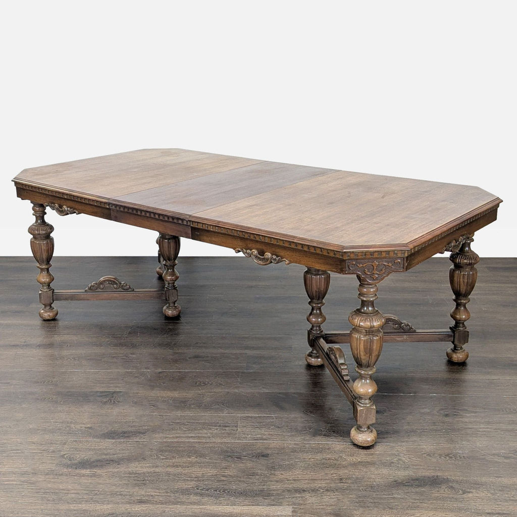 Classic dining set featuring a carved rectangle table and six chairs with floral fabric, adding vintage charm.