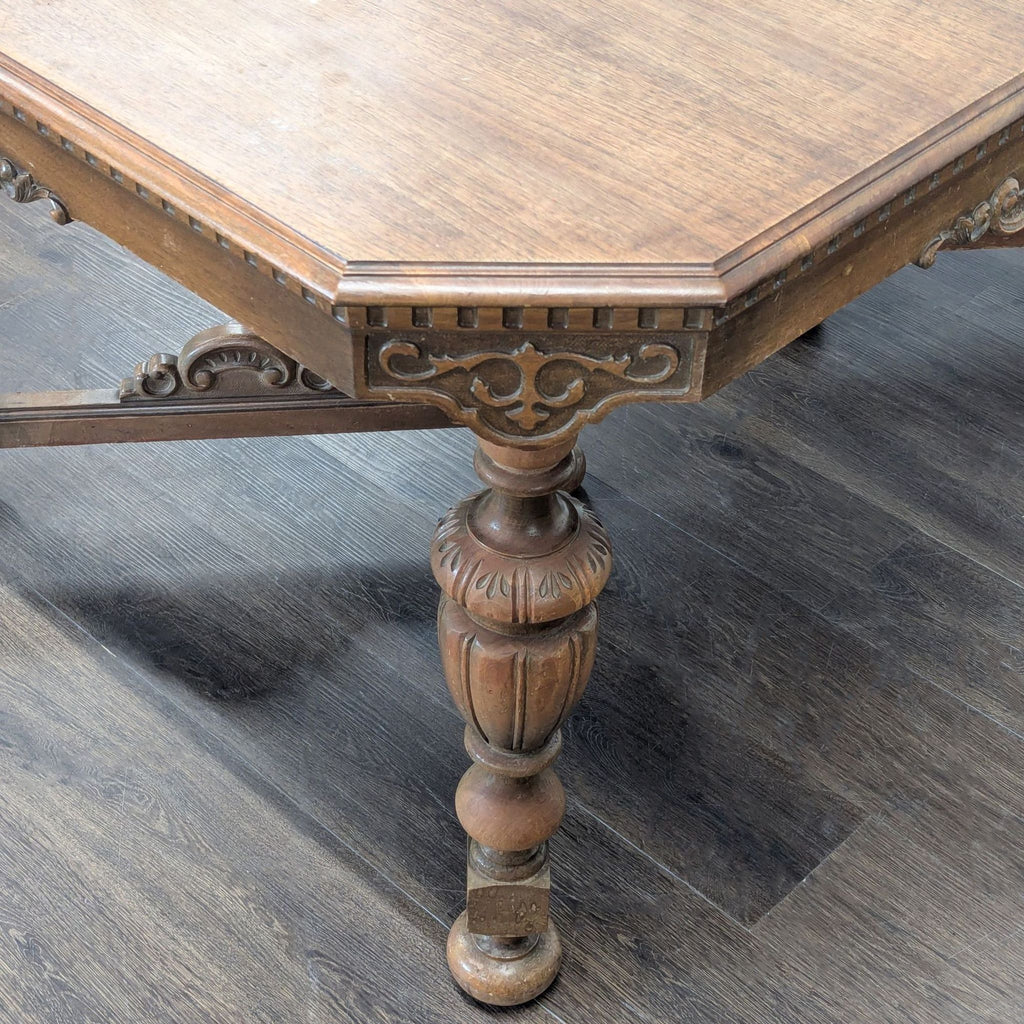 Antique Carved Wood Dining Set with 6 Upholstered Chairs and Rectangular Table