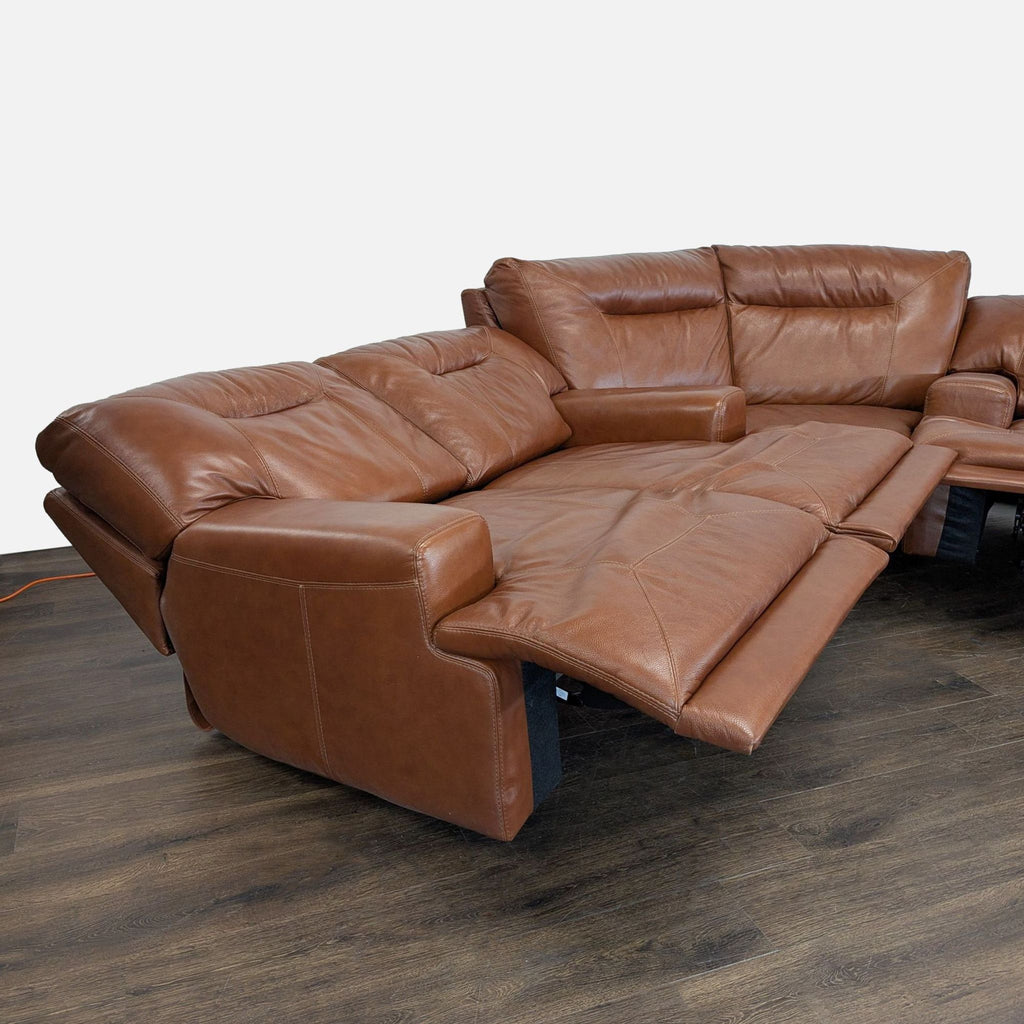Brown Leather Power Reclining Sectional Sofa with Built-In Armrests