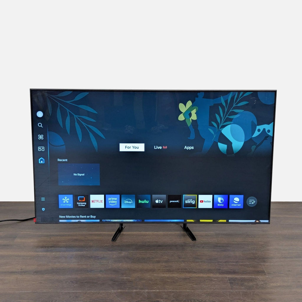 Side view of a Samsung 65-inch Smart TV in excellent condition, showing slim profile and stable stand.
