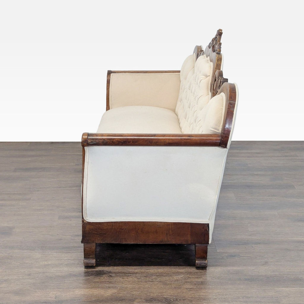 Antique 3-Seat Sofa with Carved Wood Frame and Cream Upholstery