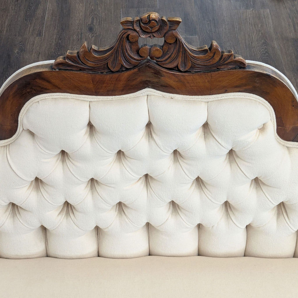 Antique 3-Seat Sofa with Carved Wood Frame and Cream Upholstery