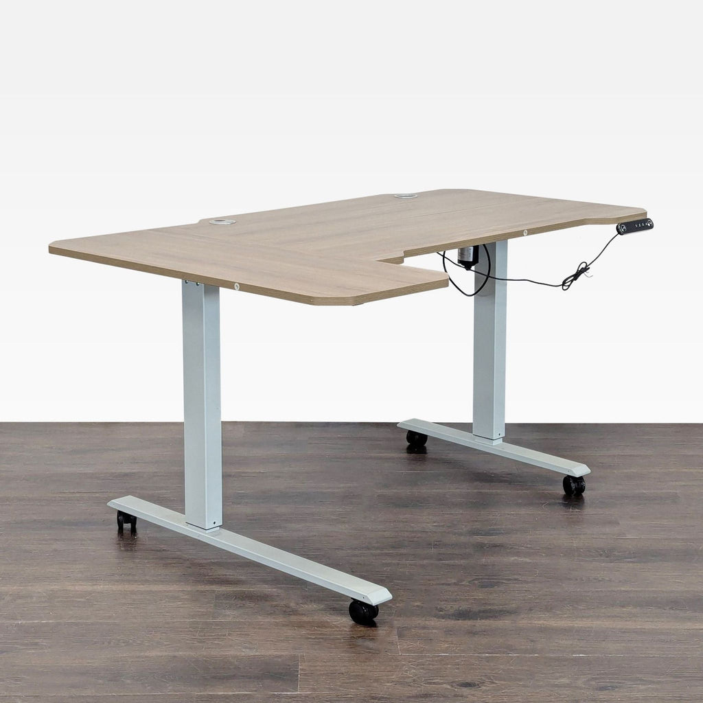 Modern HEONAM sit-stand desk featuring a spacious L-shape, movable sturdy legs, control panel, and organized wire system.