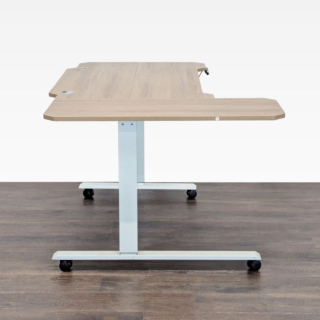HEONAM adjustable height desk in L-shape, ideal for office, with smooth wood surface, wheeled legs, and tidy cable storage.