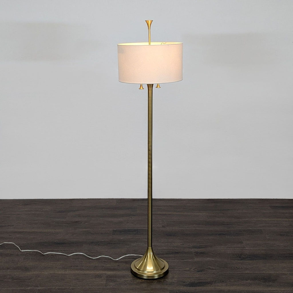 Mid-Century Modern Style Brass Floor Lamp with White Fabric Shade