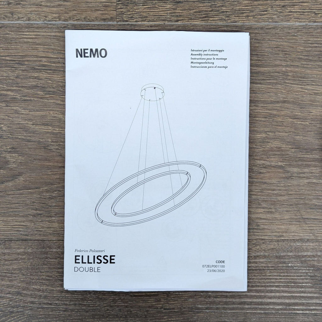 Nemo Lighting Ellisse Double LED pendant with two oval rings, ceiling mount, and accessories displayed.