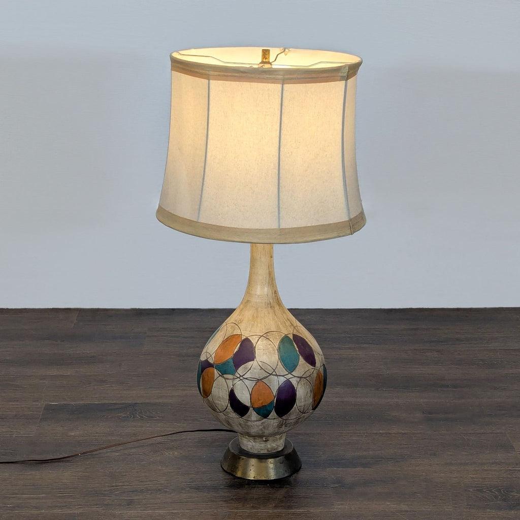 Vintage Table Lamp with Colorful Geometric Base and Cream Shade