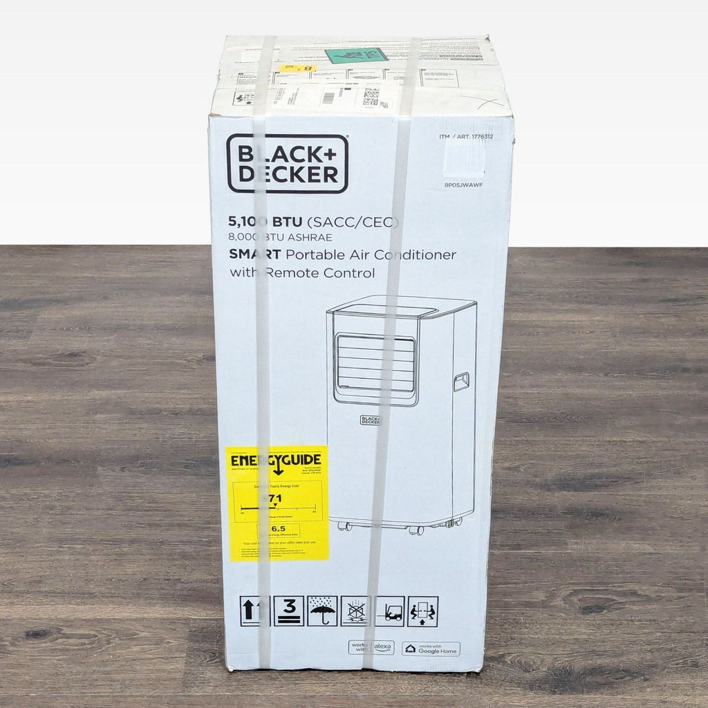 Compact Black+Decker AC unit featuring smart controls and remote, perfect for home or office cooling needs.