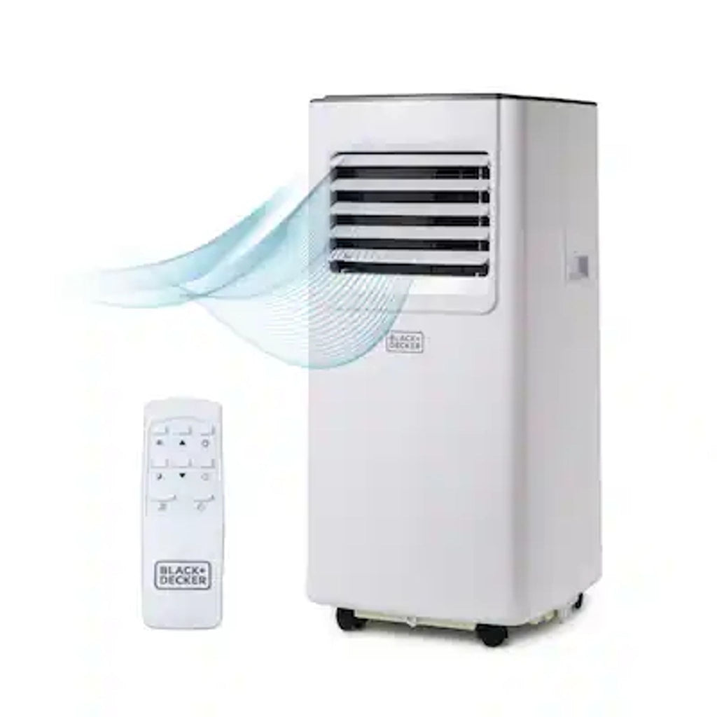 Black+Decker portable air conditioner with digital controls, remote, and wheels, ideal for cooling small rooms.