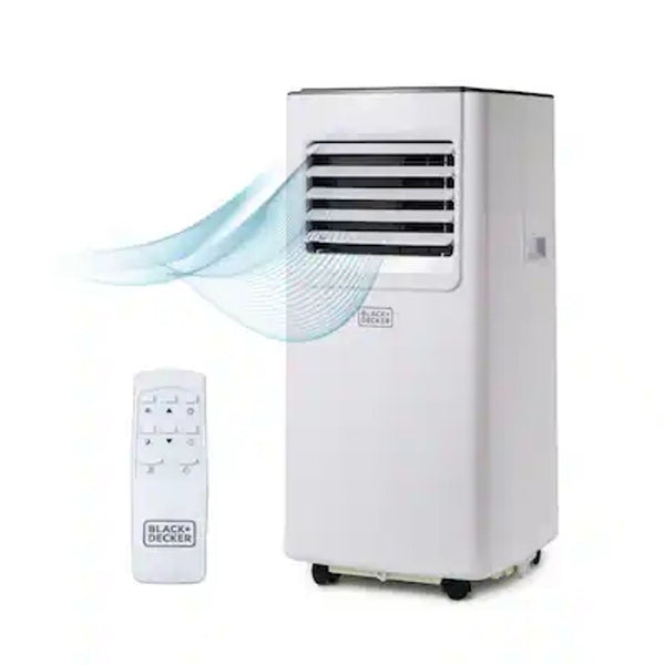 Black+Decker portable air conditioner with digital controls, remote, and wheels, ideal for cooling small rooms.