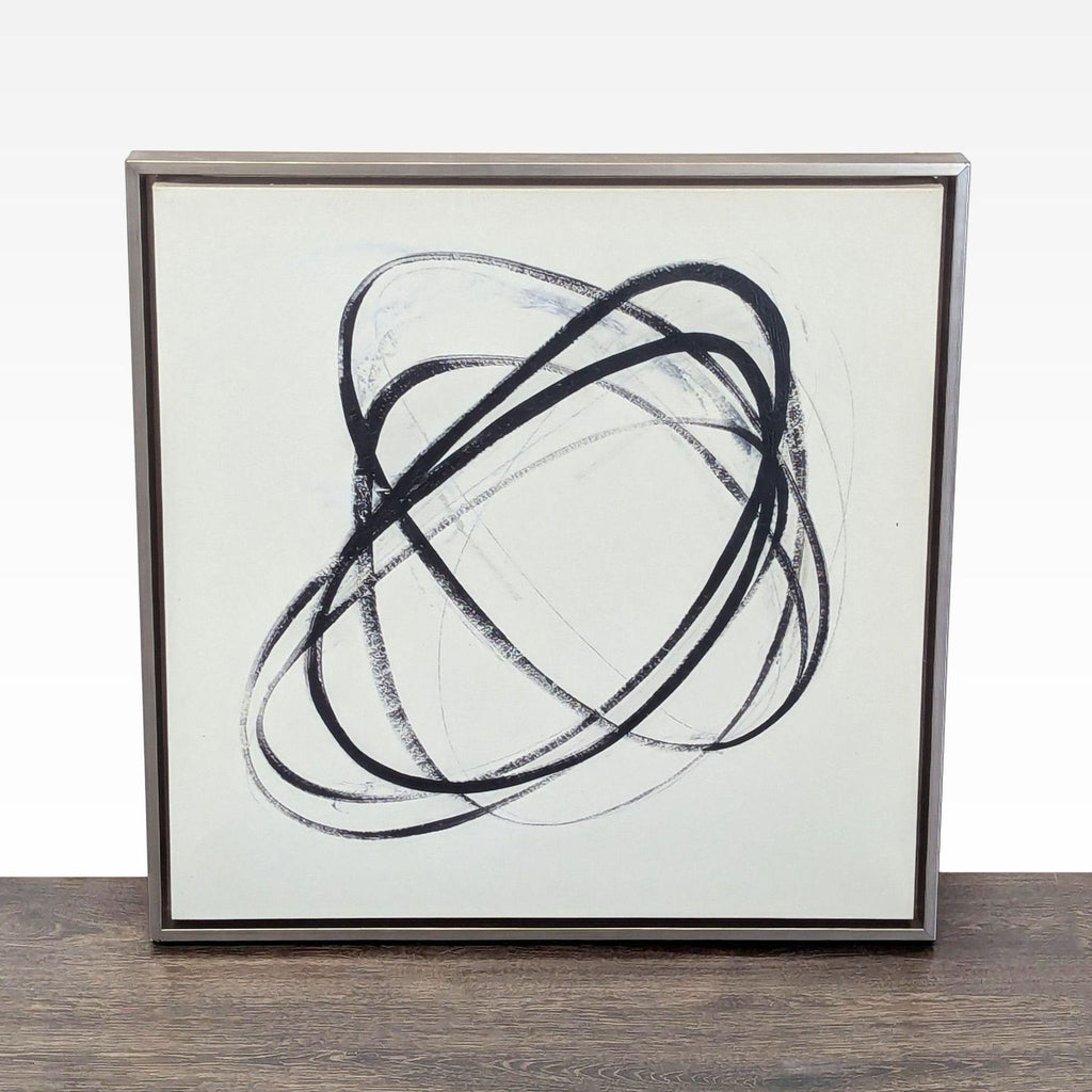 Abstract black curved lines on white background, framed and ready to hang, for modern minimalist décor.