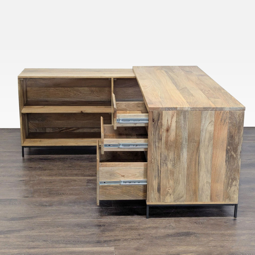West Elm L-Shaped Desk with Drawers and Open Shelves - Natural Wood Finish - Accepted Offer (33.18% discount)
