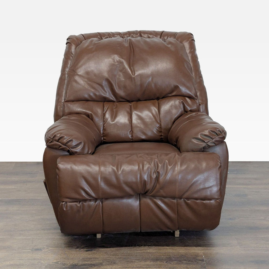 Front view of a brown leather lounge recliner chair with plush padding and wide armrests.
