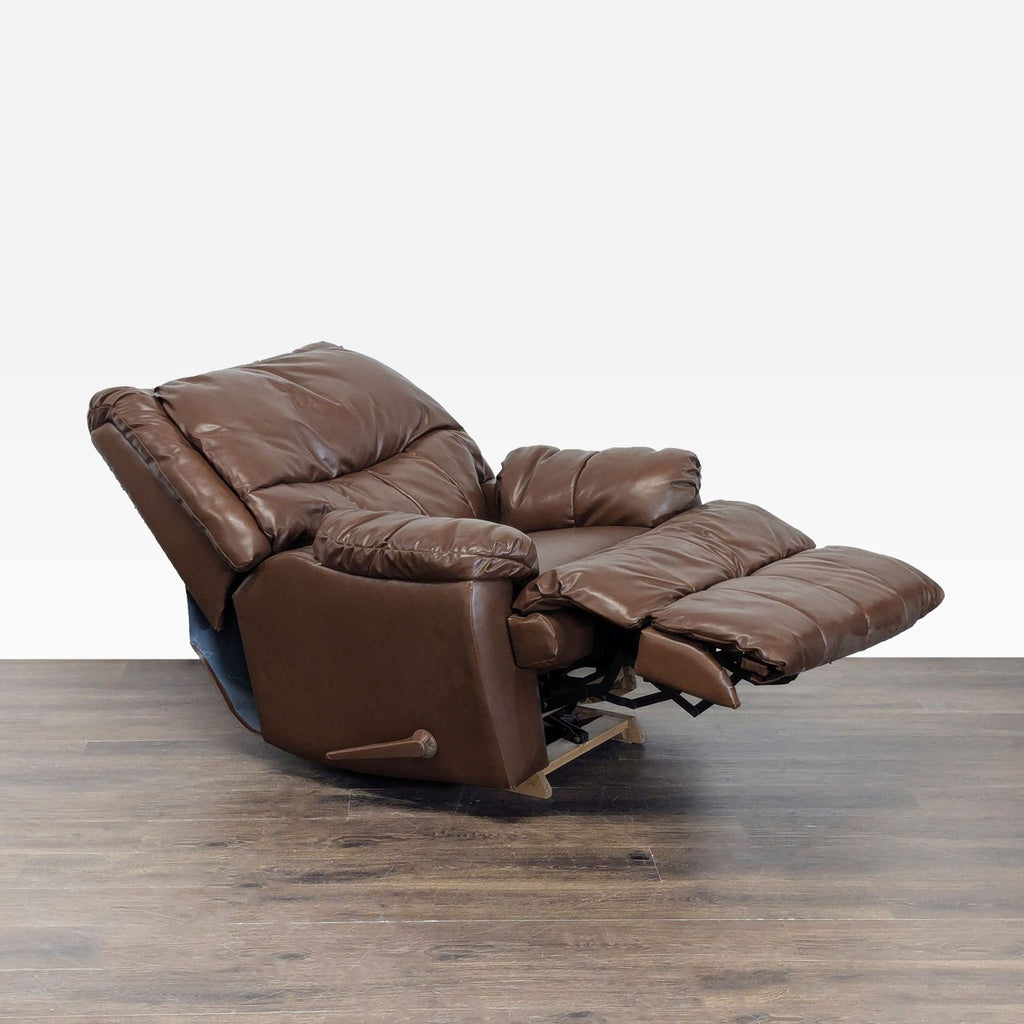 Brown leather recliner lounge chair shown in a fully reclined position, ideal for relaxation.