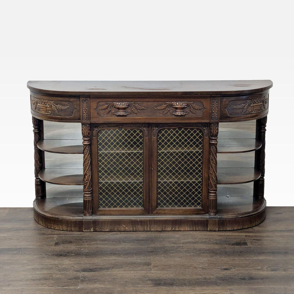 1. Ornately carved sideboard with floral details, mirrored back, glass doors with lattice, and multiple shelves.