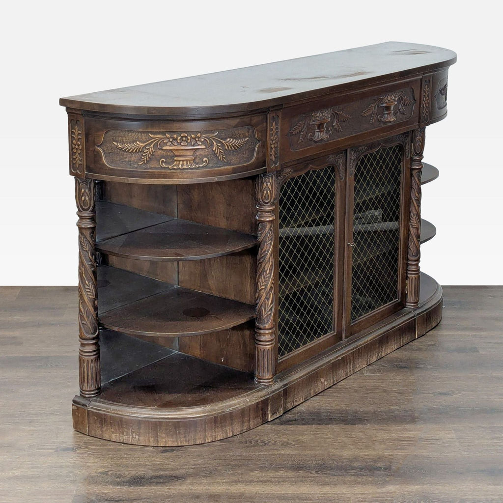 2. Decorative credenza featuring woodwork, glass-front cabinets, a pull-out shelf, cubbies, and mirrored shelving.