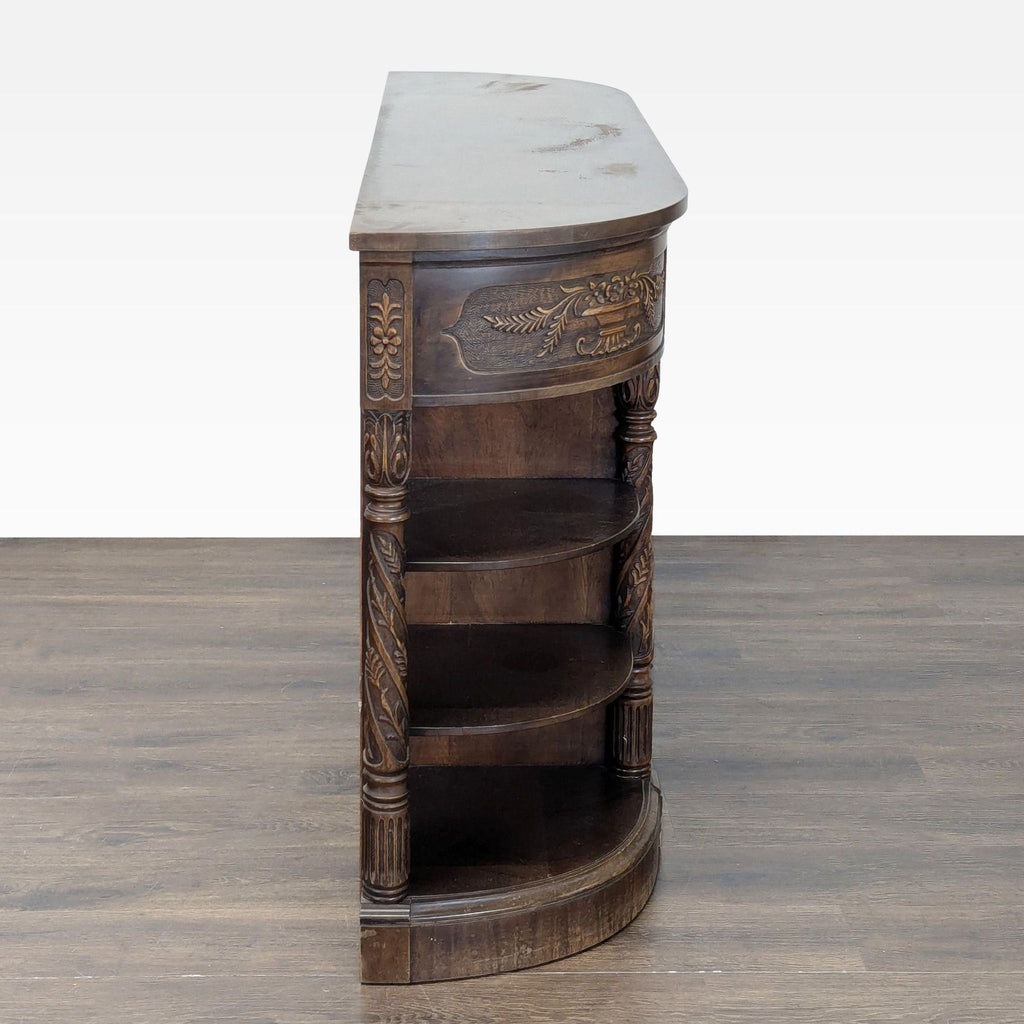 3. Sideboard with floral carving, leaf motifs, metal lattice glass doors, mirrored back, and various storage options.