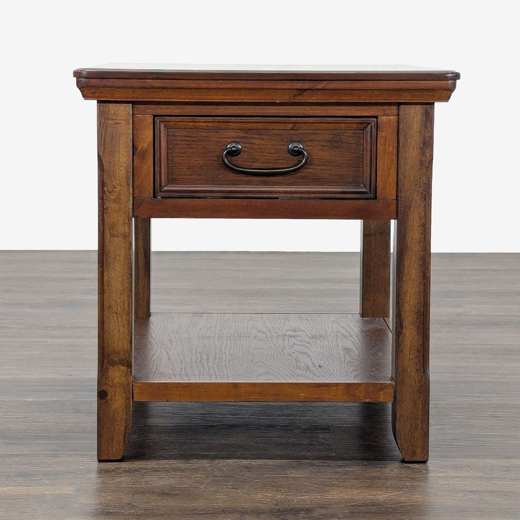 1. Contemporary Ashley Furniture end table with dark wood finish and open lower shelf for storage or decor.  