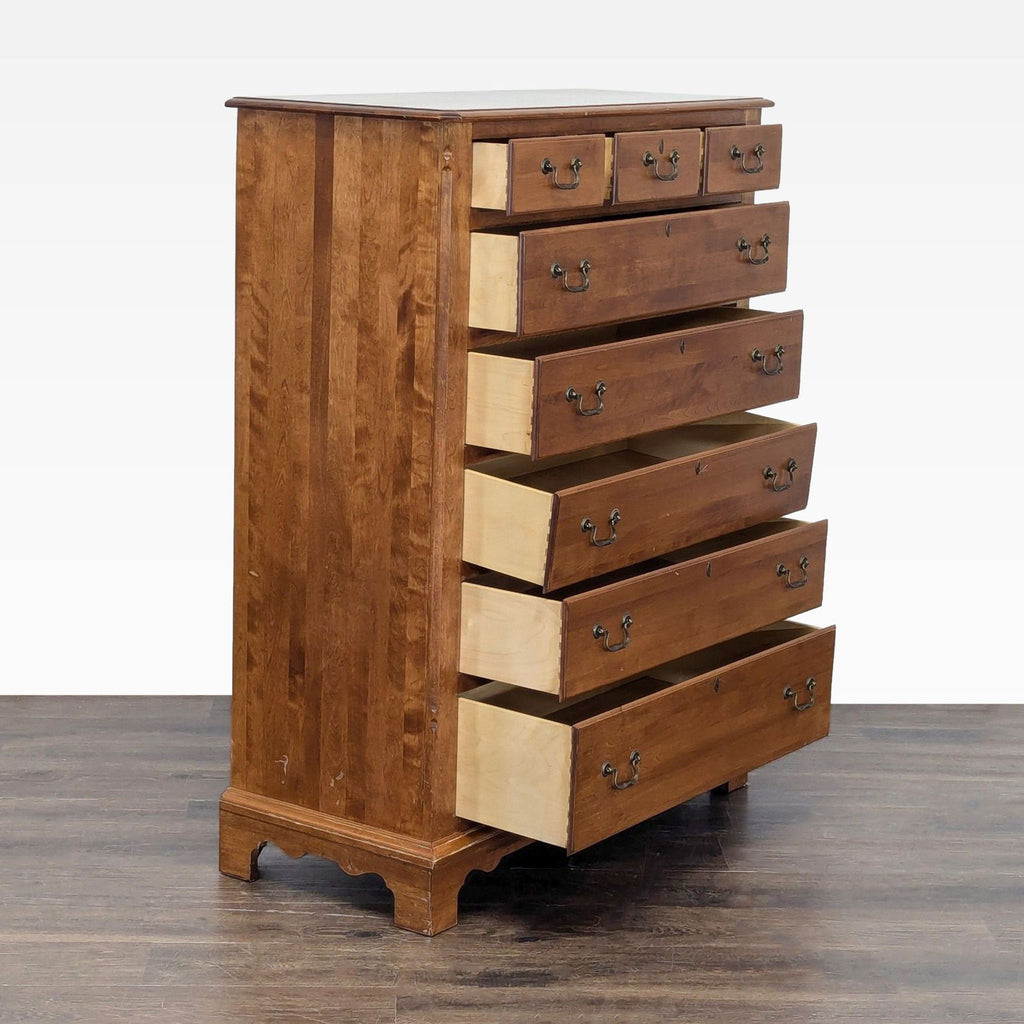 2. Side angle showing open drawers of the Nichols & Stone chestnut dresser, highlighting ample storage space.